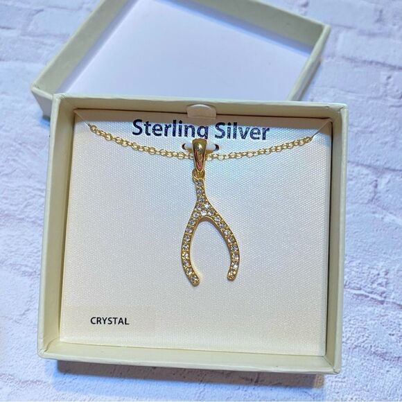 Wishbone Sterling Silver Gold Plated CZ Necklace - Picture 3 of 4